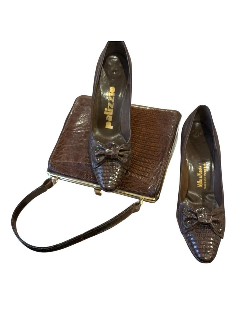 MCM 2PC PALIZZIO BROWN LIZARD SKIN W BOW 3" HEEL SHOES SZ 6N & MATCHING PURSE